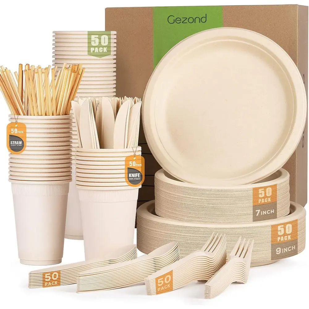 

Eco-Friendly Disposable Paperware Set for 50 Guests: Plates, Cutlery, Cups, and Straws for Weddings
