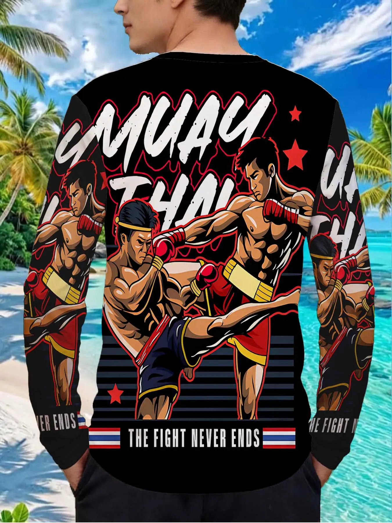 Muay Thai Combat Boxing Fighter Mens Polyester Long Sleeve T Shirt Muay Thai The Fight Never Ends Print Graphic Tee Casual Stree