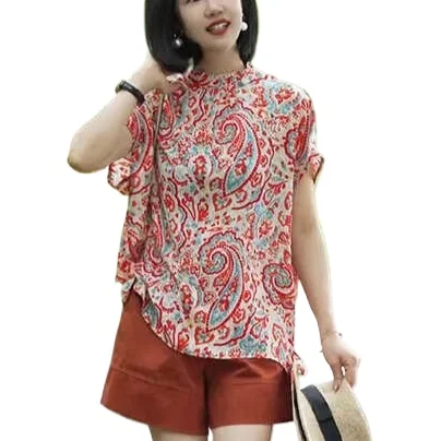 

Elegant Floral Chiffon Shirt Women Summer Loose Fit Plus Size Short Sleeve Tops