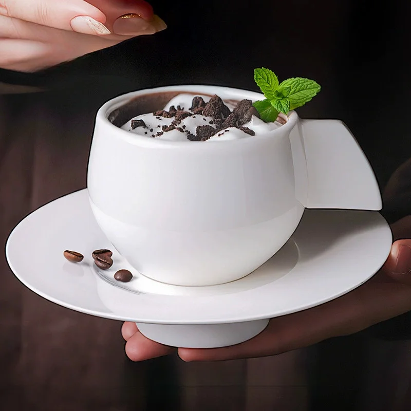 1 Pcs 210ml Irregular Ceramic Coffee Cup And Plate Set Super Unique Pure White Big Belly Cone Shaped Bottom UFO Saucer Design