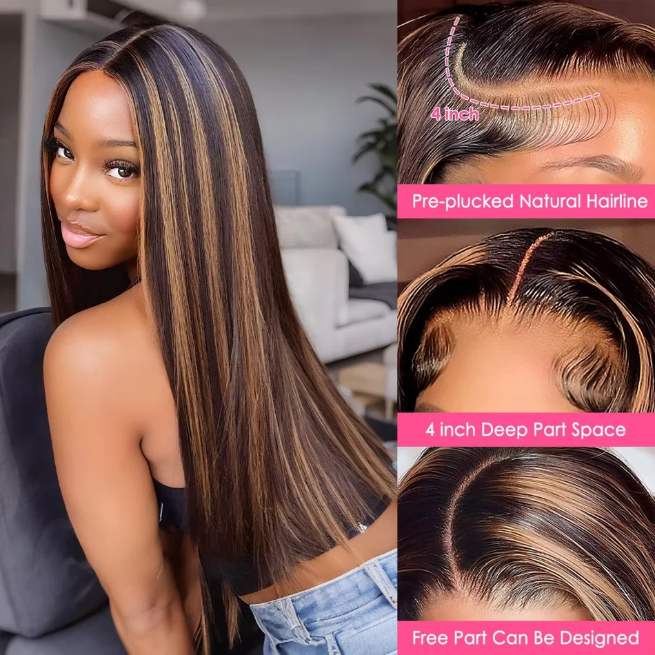 Picture 4: Highlight Ombre Straight Human Hair Wigs 13X6 Hd Lace Frontal Wig P1B30 Lace Front Wig Pre Plucked 250 Density 30 Inch For Women