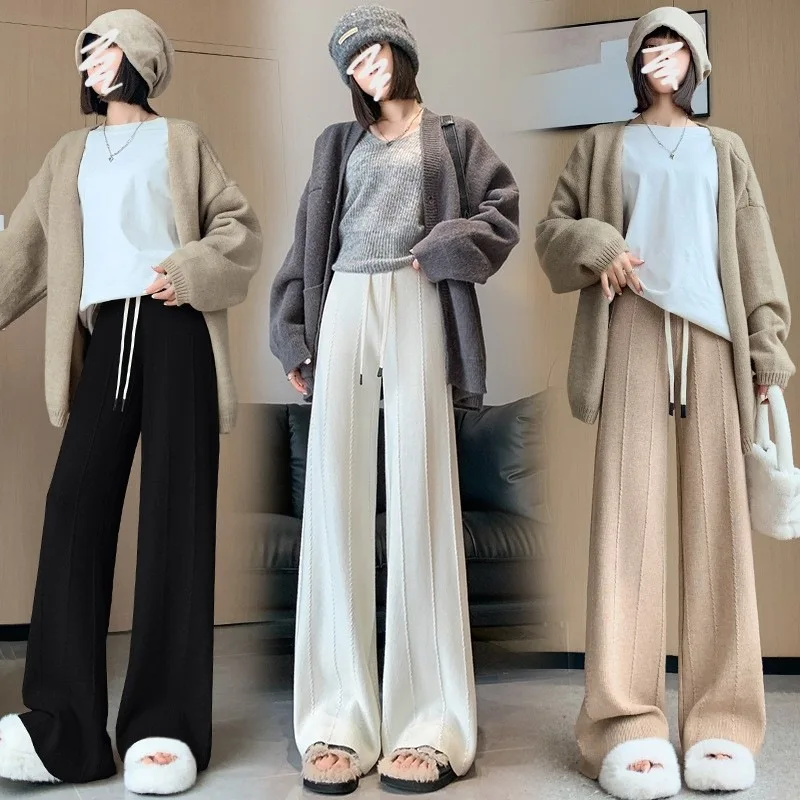 

2024 Autumn and Winter Knitted Women High Waist Drop Loose Knitted Straight Leg Pants Casual Cropped Wide Leg Pants Female LJ288