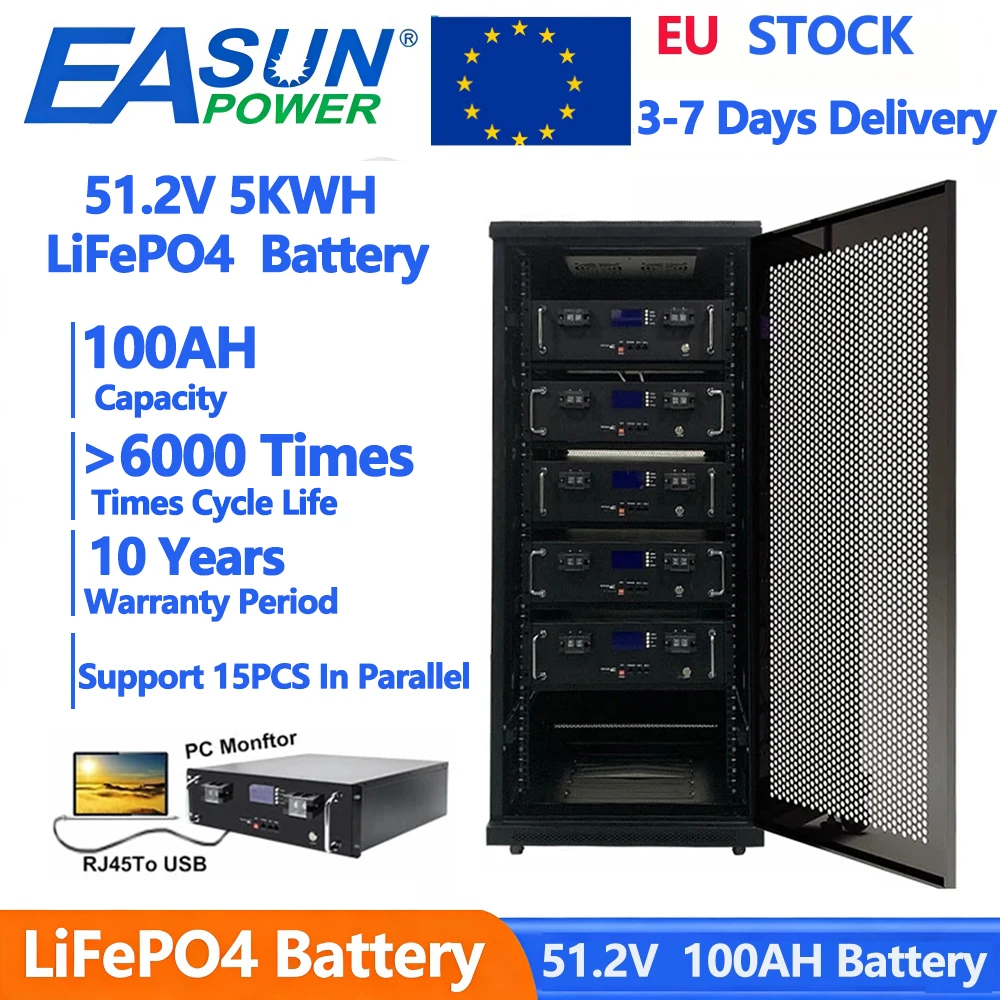 Image of EASUN 48V 100AH LiFePO4 Batterie 5KWH Lithium-Batterien 6000+ Zyklen BMS RS485 Parallel 15 Stück Solarenergiespeicher EU-LAGERBESTAND