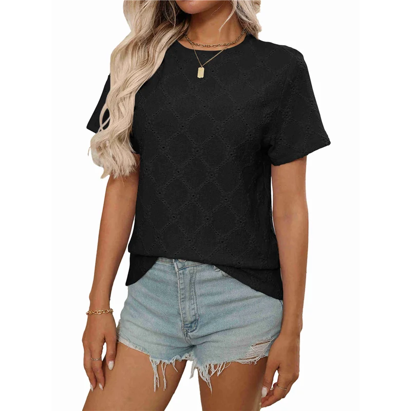 

A83F-женские топы, повседневные блузки с круглым вырезом и короткими рукавами, вышитые полые блузки, рубашки