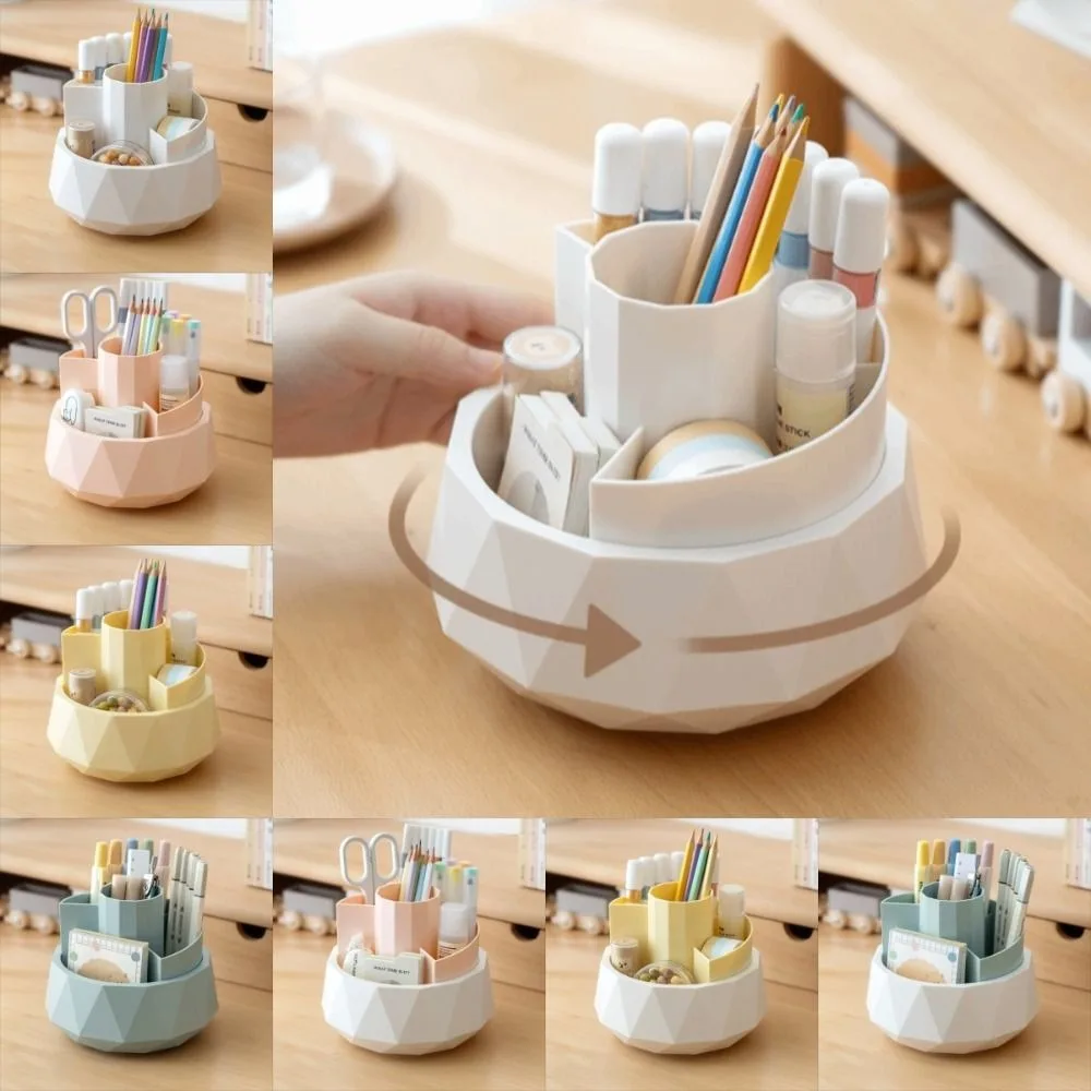 4-Grid 360° Rotating Pen Holder Large Capacity Pen Stand Pencil Storage Box Dust-proof Stationery Makeup Brush Organizer