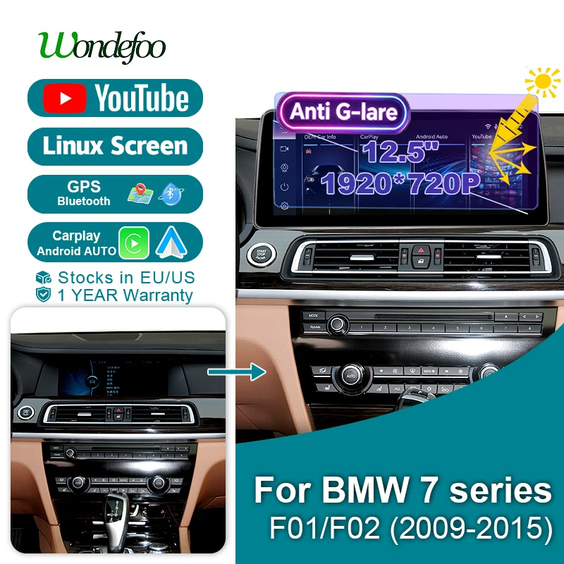 Wondefoo 12.5'' LINUX screen wireless carplay For BMW 7 series F01/F02 2009‑2015 with touch screen Android auto car radio stereo