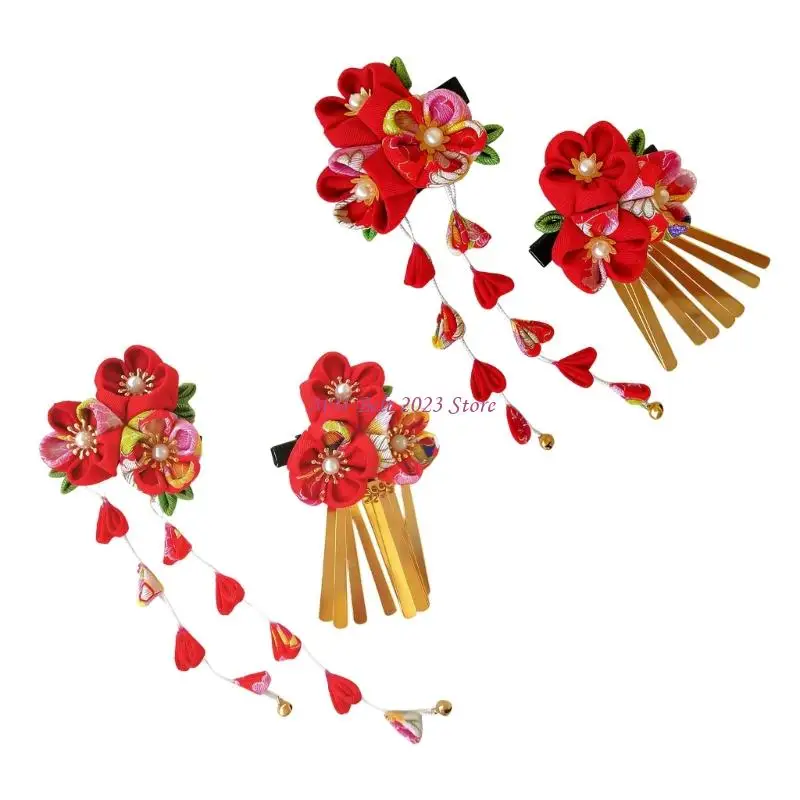 49ME Traditional Japanese Flower Hairpin Elegant Hair Ornament Fabric Kanzashi Decors