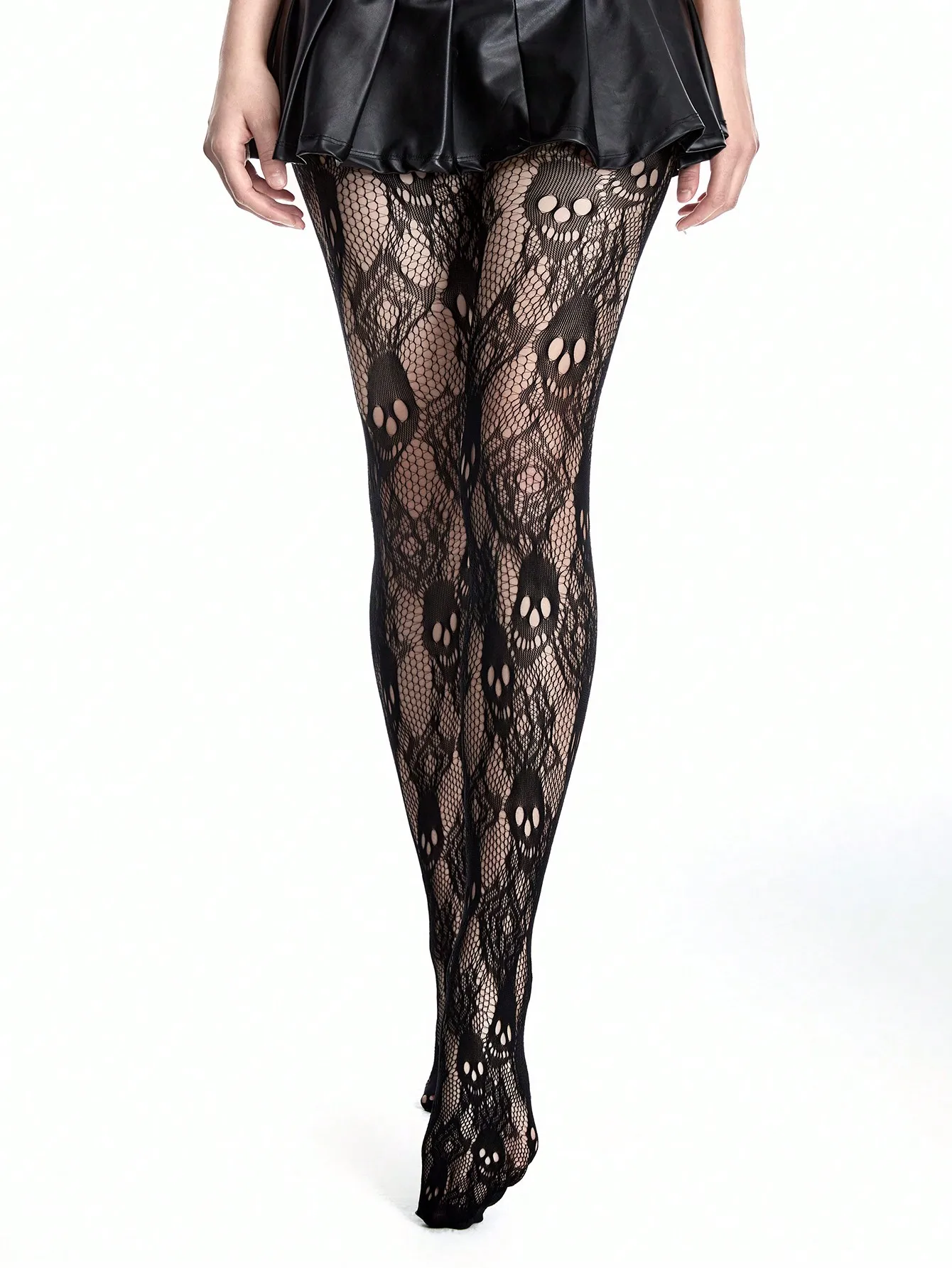

Черные колготки-сетка с узором черепов для женщин - готические колготки