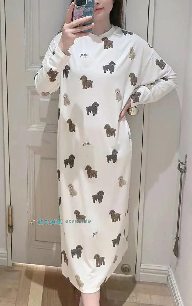 Japan Style GP Cotton Modal Bichon Teddy Bear Printed Homewear Long Pajamas Loungewear