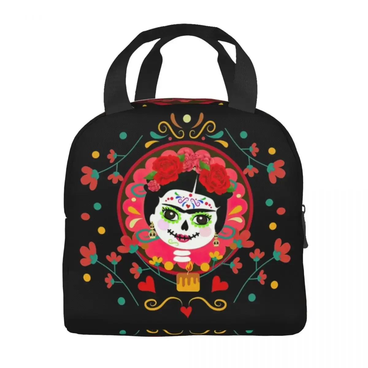 Skull Frida Day Of Dead Insulated Lunch Bags for Work School Mexican Flowers Waterproof Cooler Thermal Bento Box Women Kids