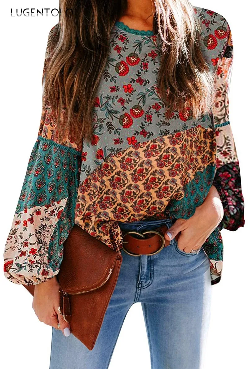 Camisa bohemia de gasa para mujer, Top holgado informal de manga larga, blusa fina con estampado de cuello redondo para verano