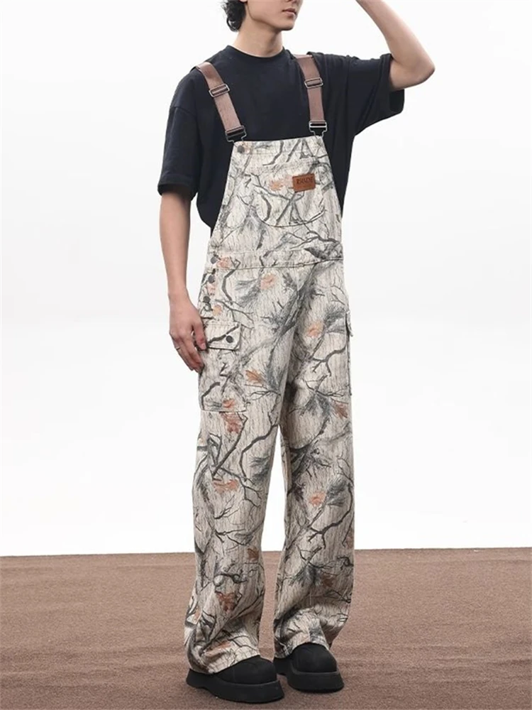 Women's Leaf Camouflage Pattern Suspender Jumpsuits Fashion Wide Leg Pants Streetwear Rompers Female Casual Straight Trouser