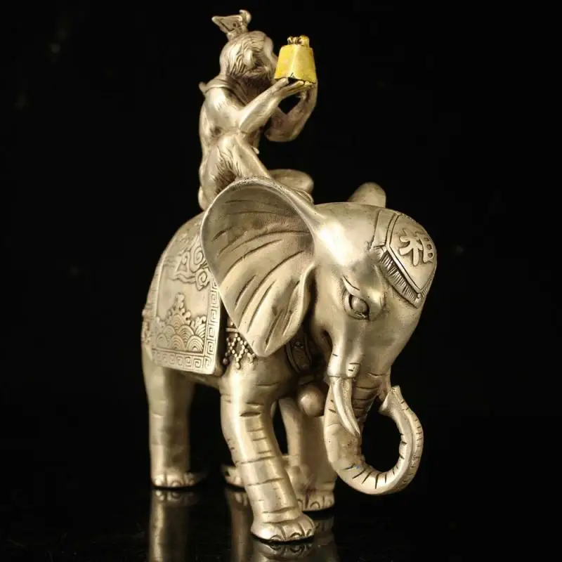 Collectible Decorate Old Tibet Silver Monkey Hold Seal Officer Elephant Statue