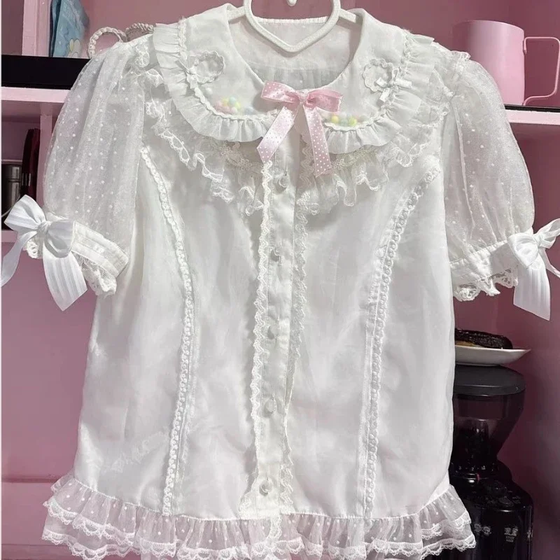 IMU Sweet Lolita Lace Loose Bow Lovely Shirt Women Design Elegant Kawaii Short Sleeve Pink T-Shirts Female Pretty Chic Fashion T