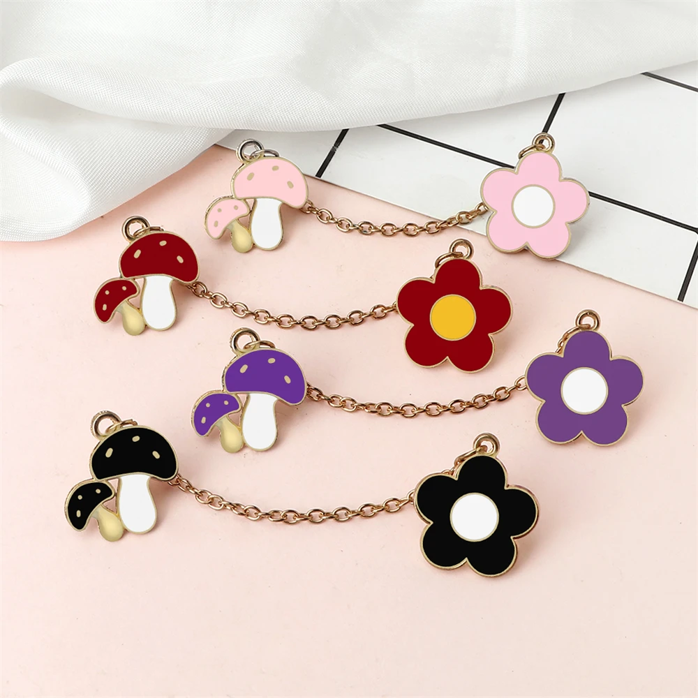 Cartoon Mushroom Flower Brooch with Chain Cute Colorful Enamel Pins for Kids Gifts Custom Bag Lapel Denim Badges Fashion Jewelry