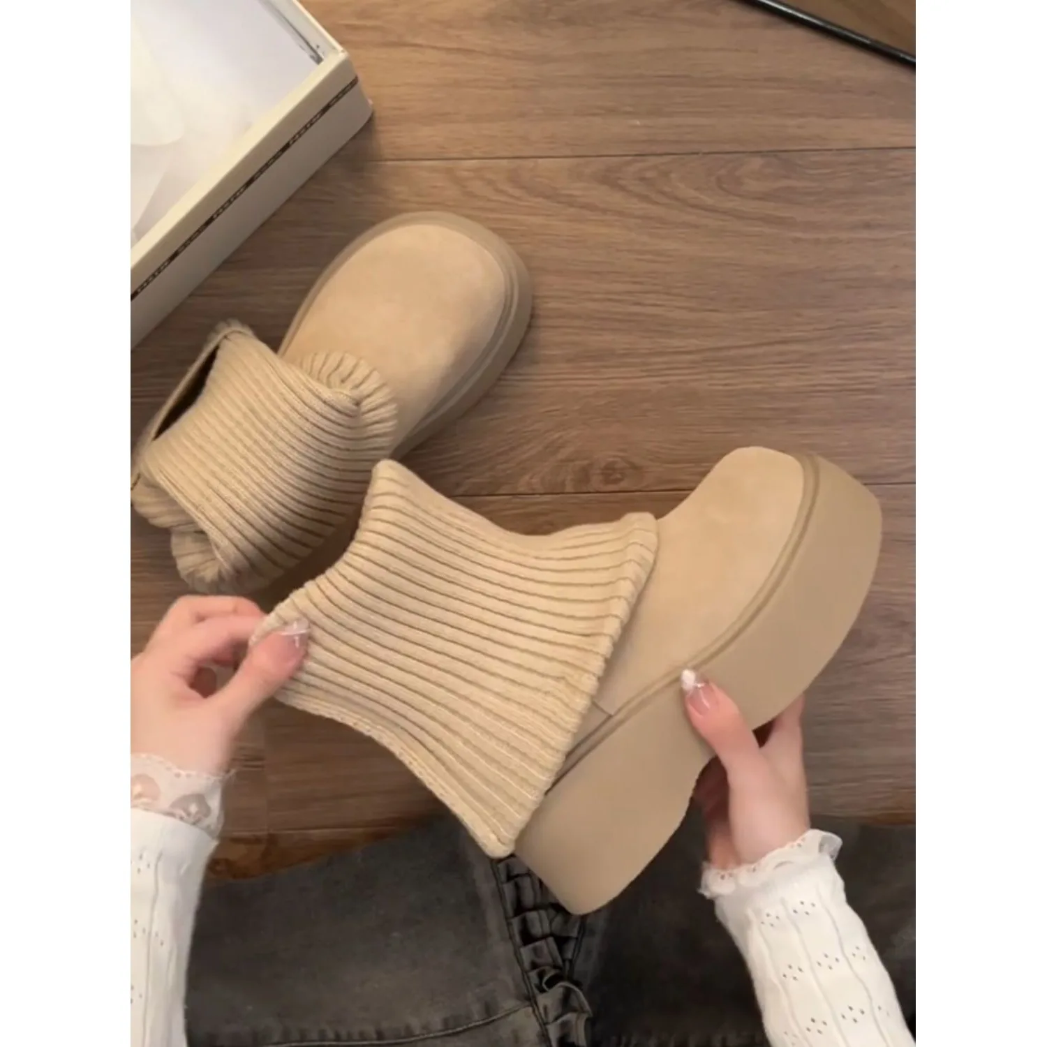 

Утепленные вязаные носки-ботфорты женские, эластичные, на плоской подошве, в корейском стиле, с круглым носком, для зимы