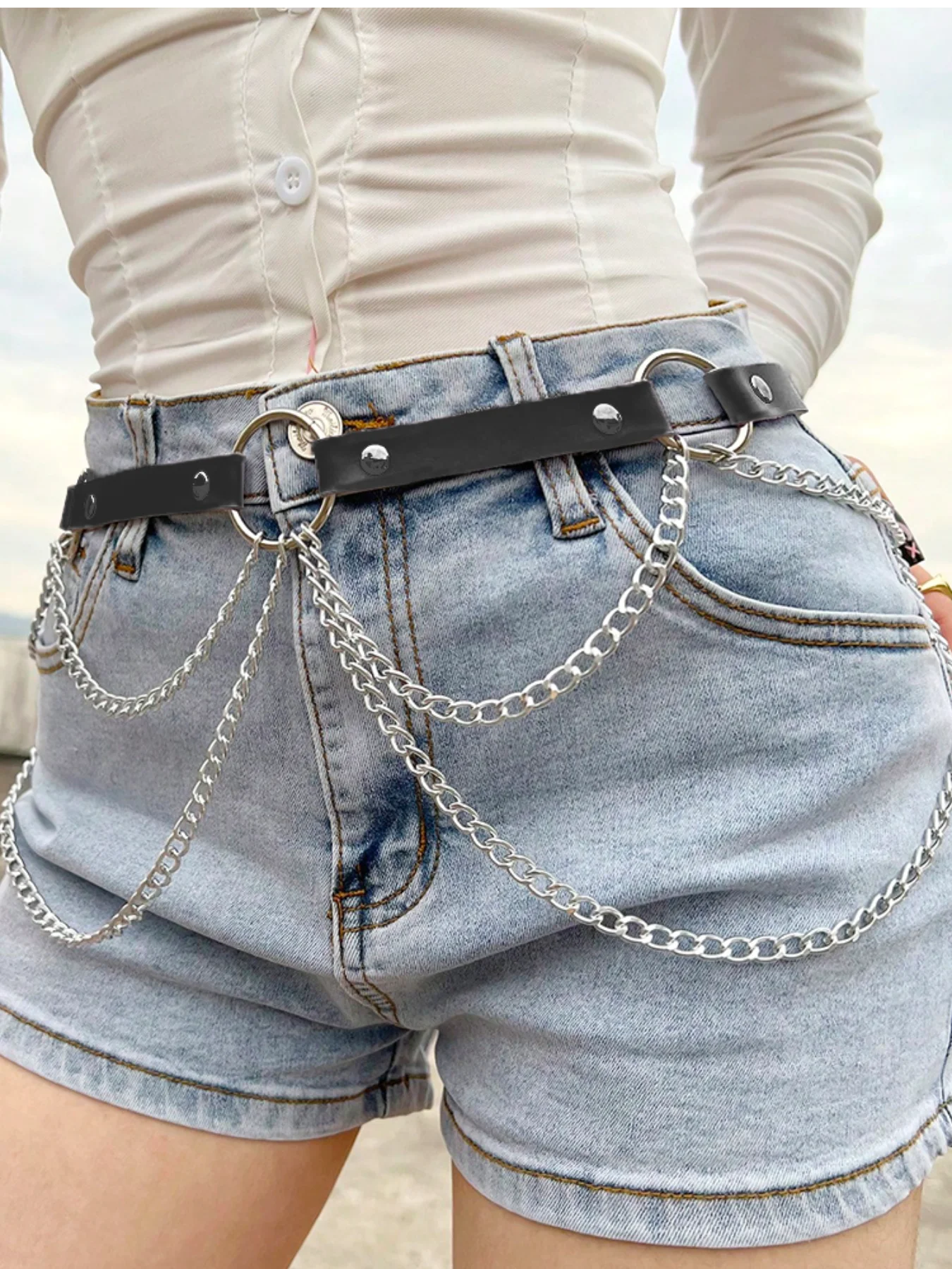 

Женский драпированный ремень с серебряной цепочкой — черный пояс из кожзаменителя в стиле панк для платьев, юбок и топов