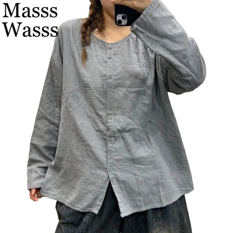 

Mass Wasss Весенние винтажные хлопковые льняные топы с круглым вырезом, женские классические модные однотонные рубашки, женские блузки для отдыха в британском стиле