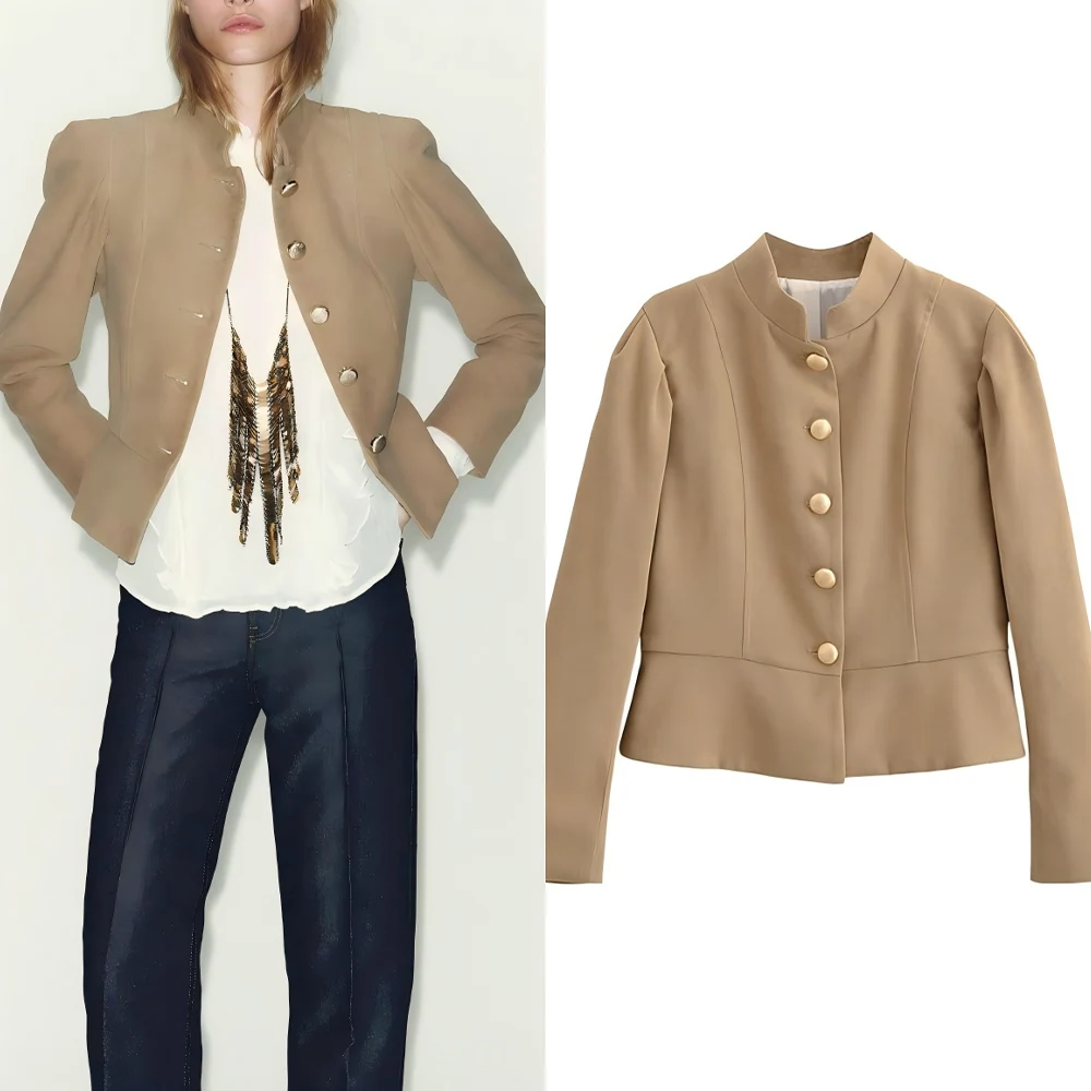 

Women's new fashion pleated decoration short single breasted stand collar Coat retro long sleeved women's Coat chic top