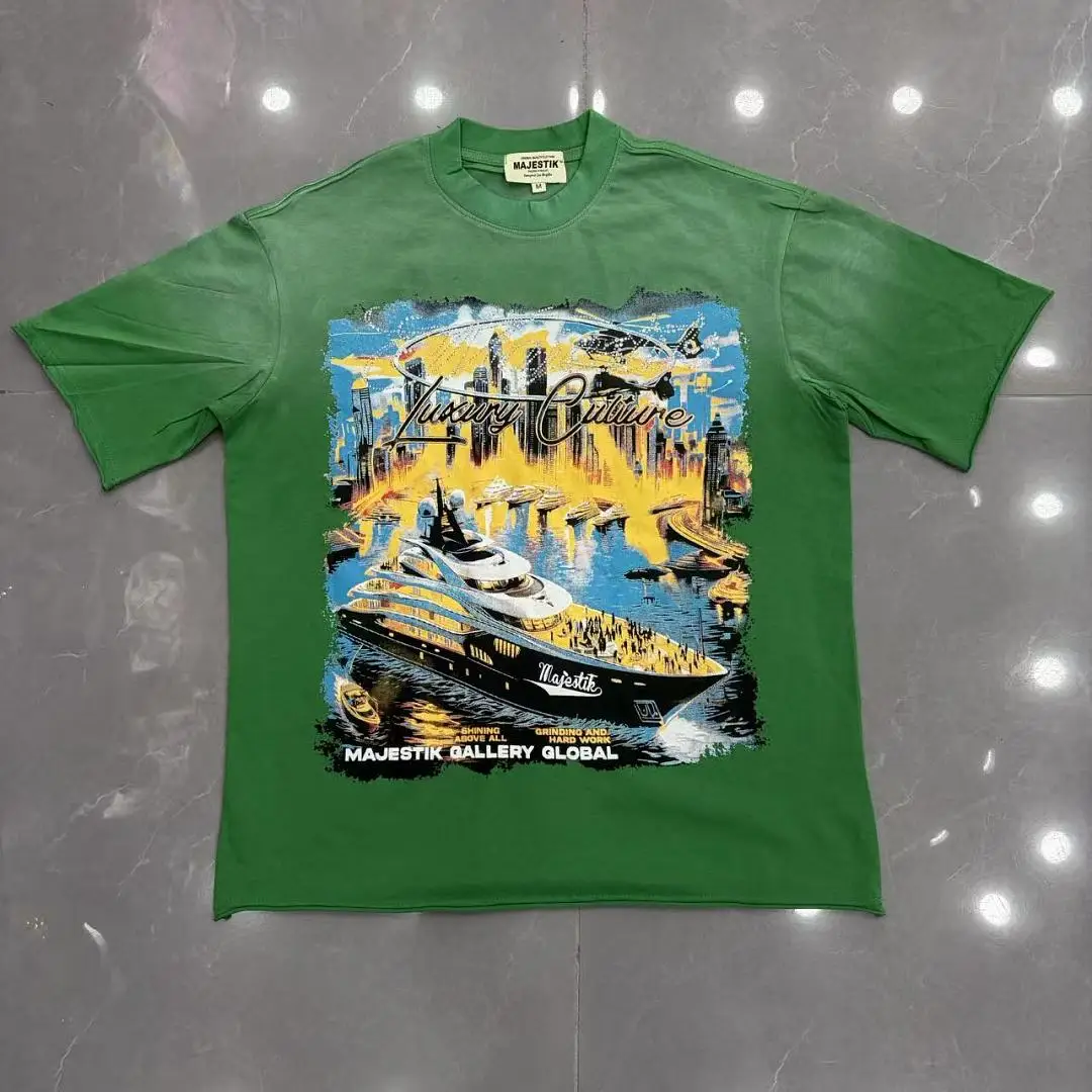 Majestik Luxury Culture Yacht T-Shirt Men Y2K Vintage Washed Green Oversized Streetwear Hip Hop City Print Short Sleeve Tees
