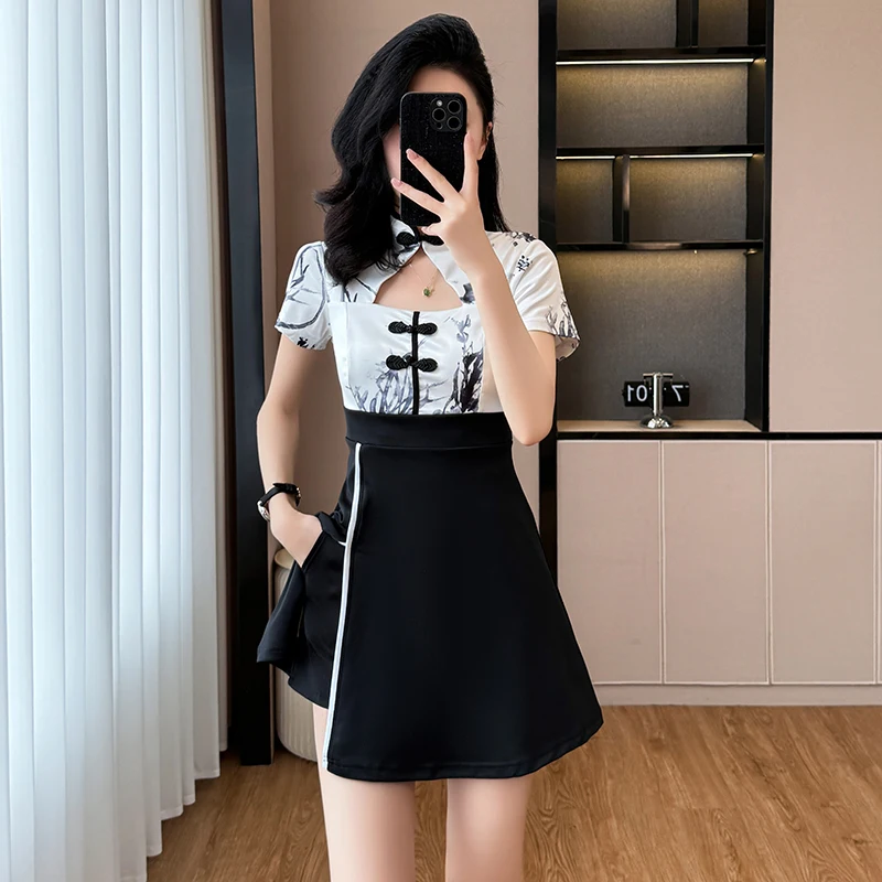 

Elegant Summer Chinese Style Outfit Women's Ink Print Patchwork Cheongsam Dress & Shorts Set Two Piece Modified Qipao