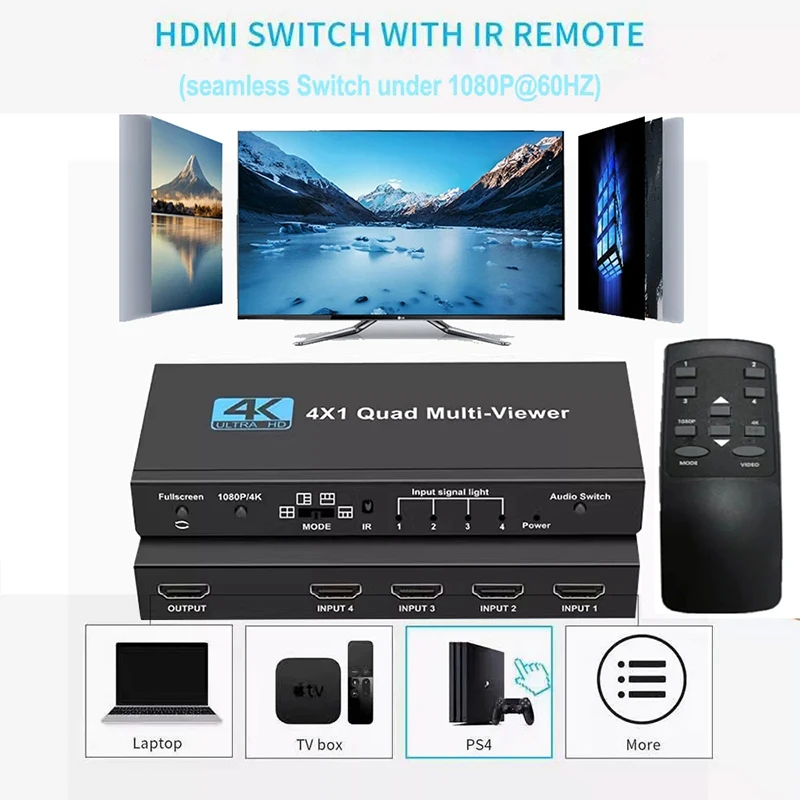 HDMI Multiviewer 4K 4X1 HDMI quad viewer 4 in 1 HDMI Multi-viewer seamless hdmi switcher Switch with Remote conttrol and scaler