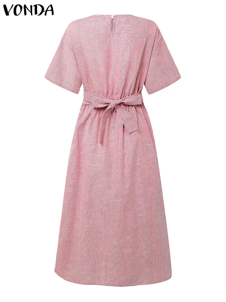 VONDA Abiti estivi a righe Donna Manica corta Stampa bohemien Camicia lunga Abiti 2025 Moda pieghettata Coreano Midi Vestito estivo Robe