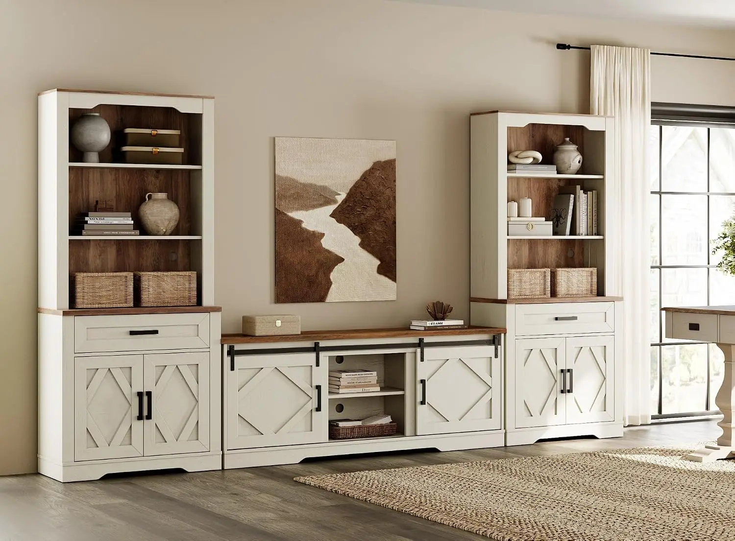 Farmhouse Entertainment Center with Bookshelves for 75" TV