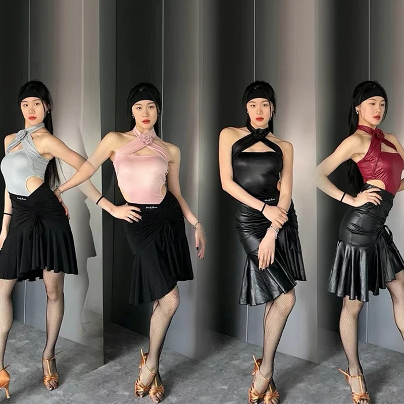 

Faux Leather Collection Women'S Latin Dance Performance Clothing Ballroom Tango Jumpsuit Tops Buttocks Wrapped Skirt Set VBH325