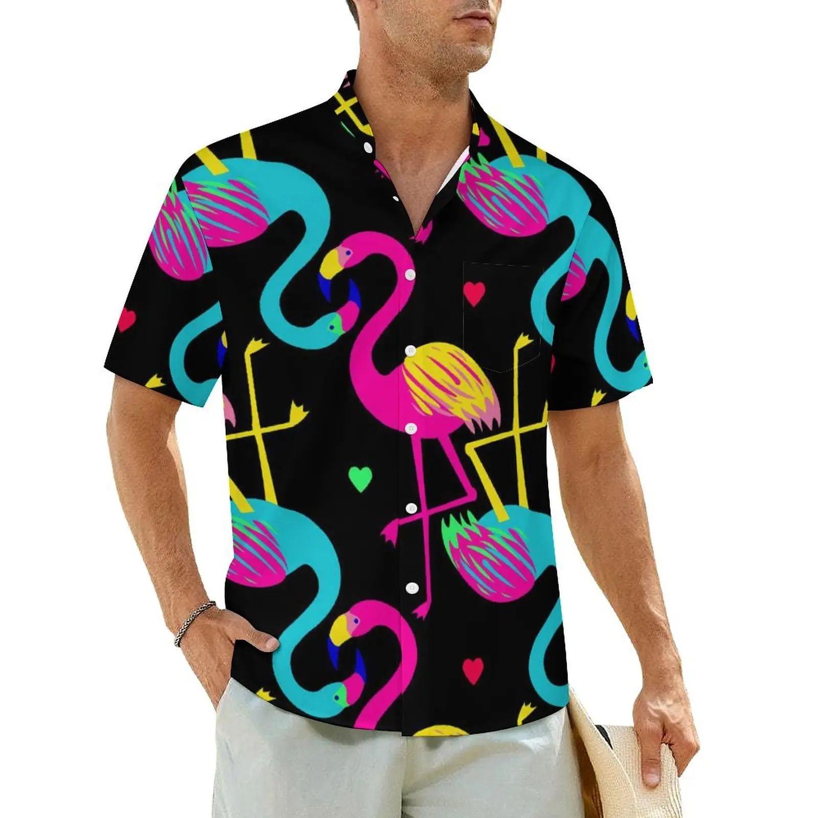 

Colorful Flamingo Print Vacation Shirt Animal Pop Art Hawaiian Casual Shirts Men Vintage Blouses Short Sleeve Street Clothing