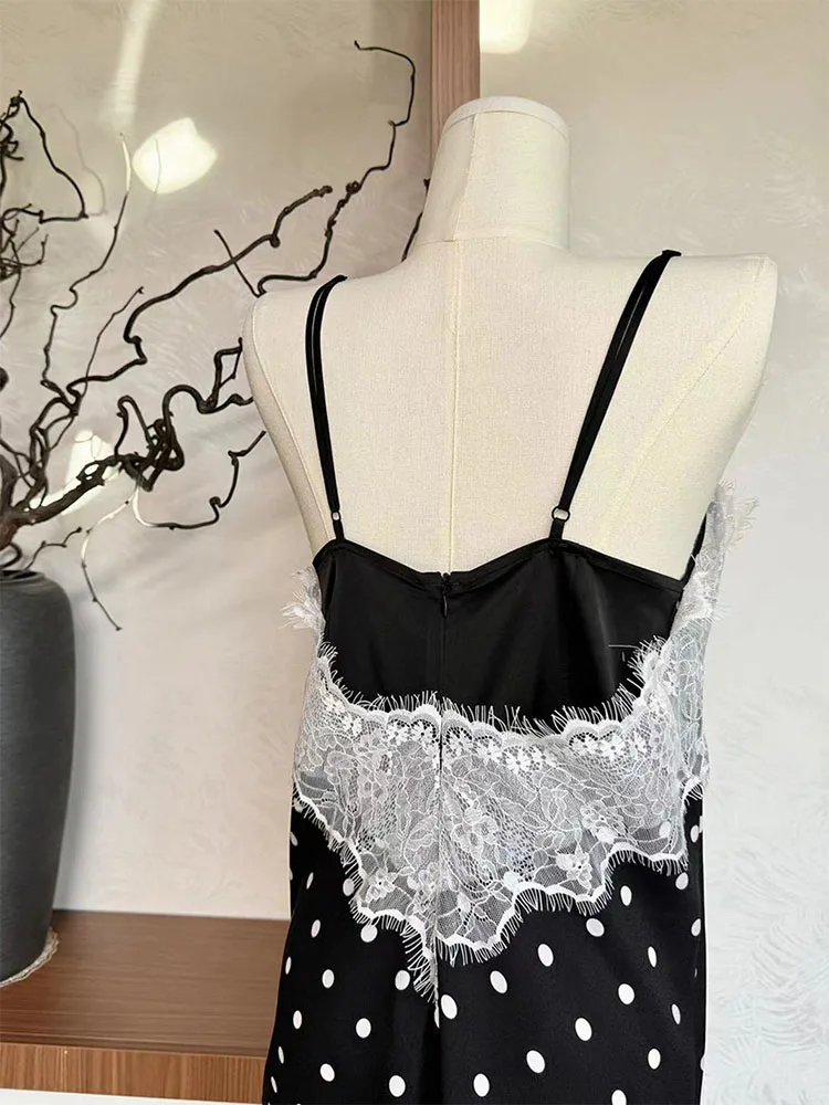 Women Black Gothic Tank Top Vintage Clubwear Polka Dot Camisole Casual 90s Fashion Lace Vest Off Shoulder Streetwear Coquette