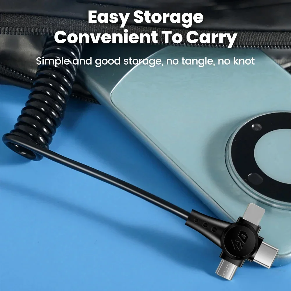 

New 3 in 1 Spring Retractable Data Cable 1.5 Meters 6A Super Fast Charging Support Data Transfer Car Phone Charging Cable