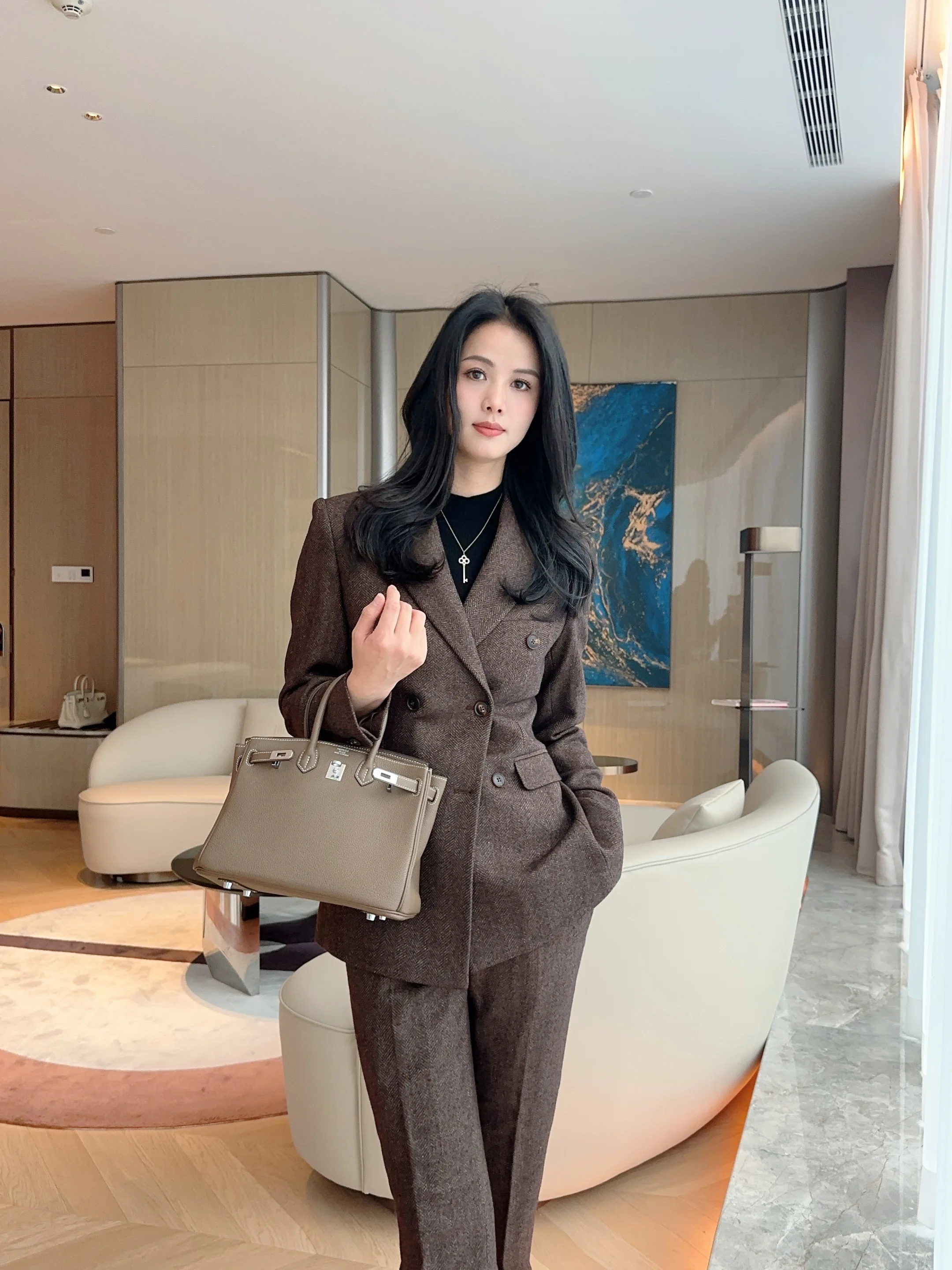 

Brown Thiened Winter Woolen Pants Suit Slimming Nine-Piece OL Profional Rvation Double-Breasted Suit Set for Women