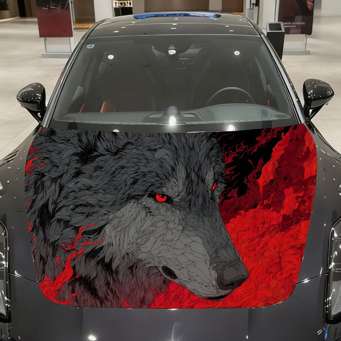 

Car Decals A Wolf In Red Scene Close - Up With Piercing Gaze And Fiery Visual Dominance Car Hood Sticker, Waterproof Self - Adhe