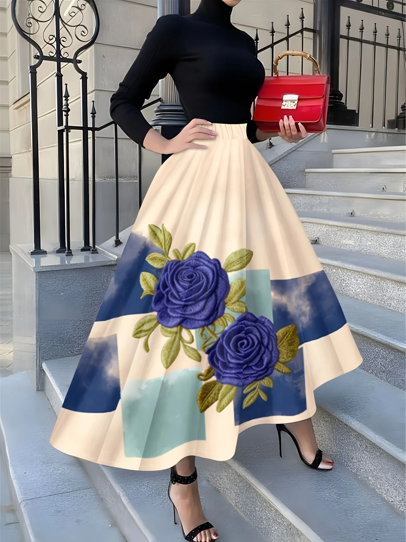 

Элегантная женская юбка миди с вышивкой розами и цветочным принтом, А-силуэт, с высокой талией, плиссированная, летняя, для офиса и вечеринок.