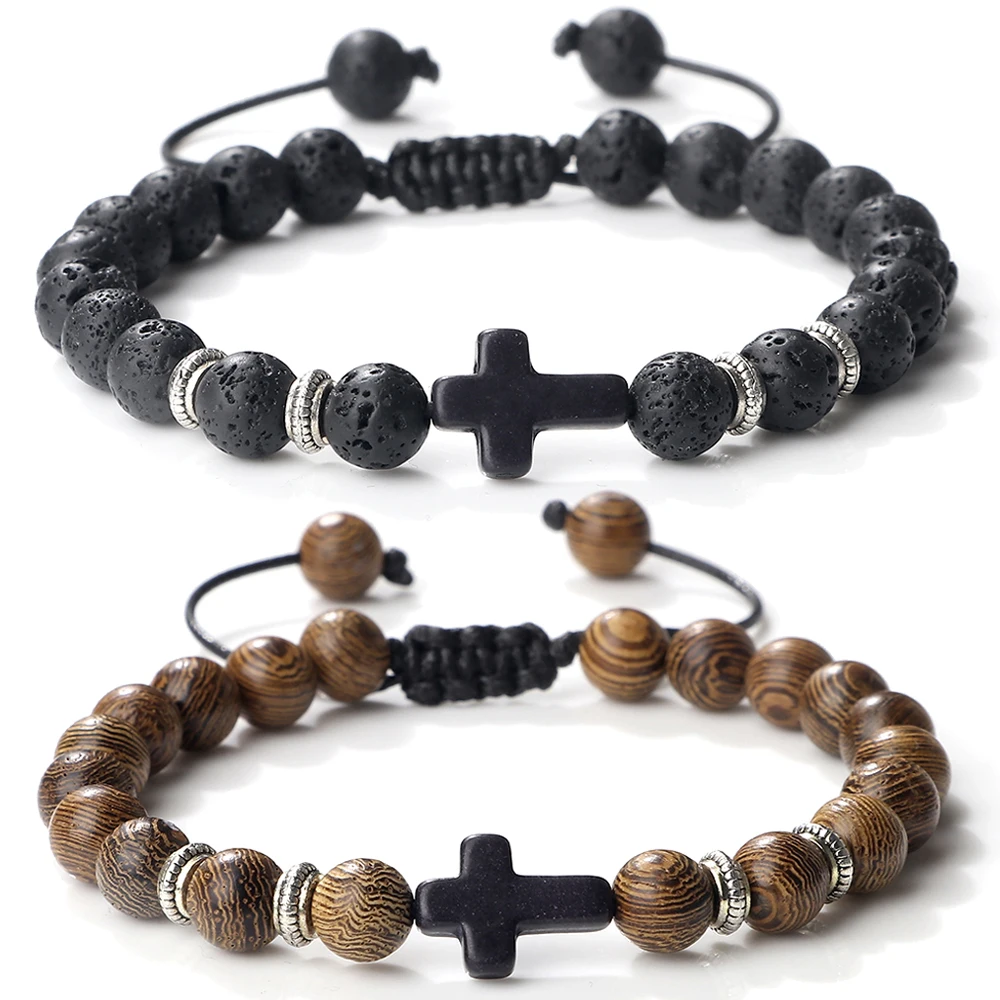 Bracelet de prière en croix pour hommes et femmes, fait à la main, 8mm, œil de tigre naturel, pierre de lave, perles en bois tressées, bijoux Vintage pour femmes