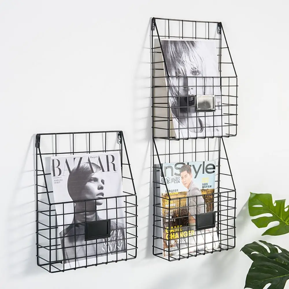 Portable Wall Mounted Magazine File Holder Metal Mesh Easy To Install Wire Basket Label Plate Handle Foyer Storage Shelf Office