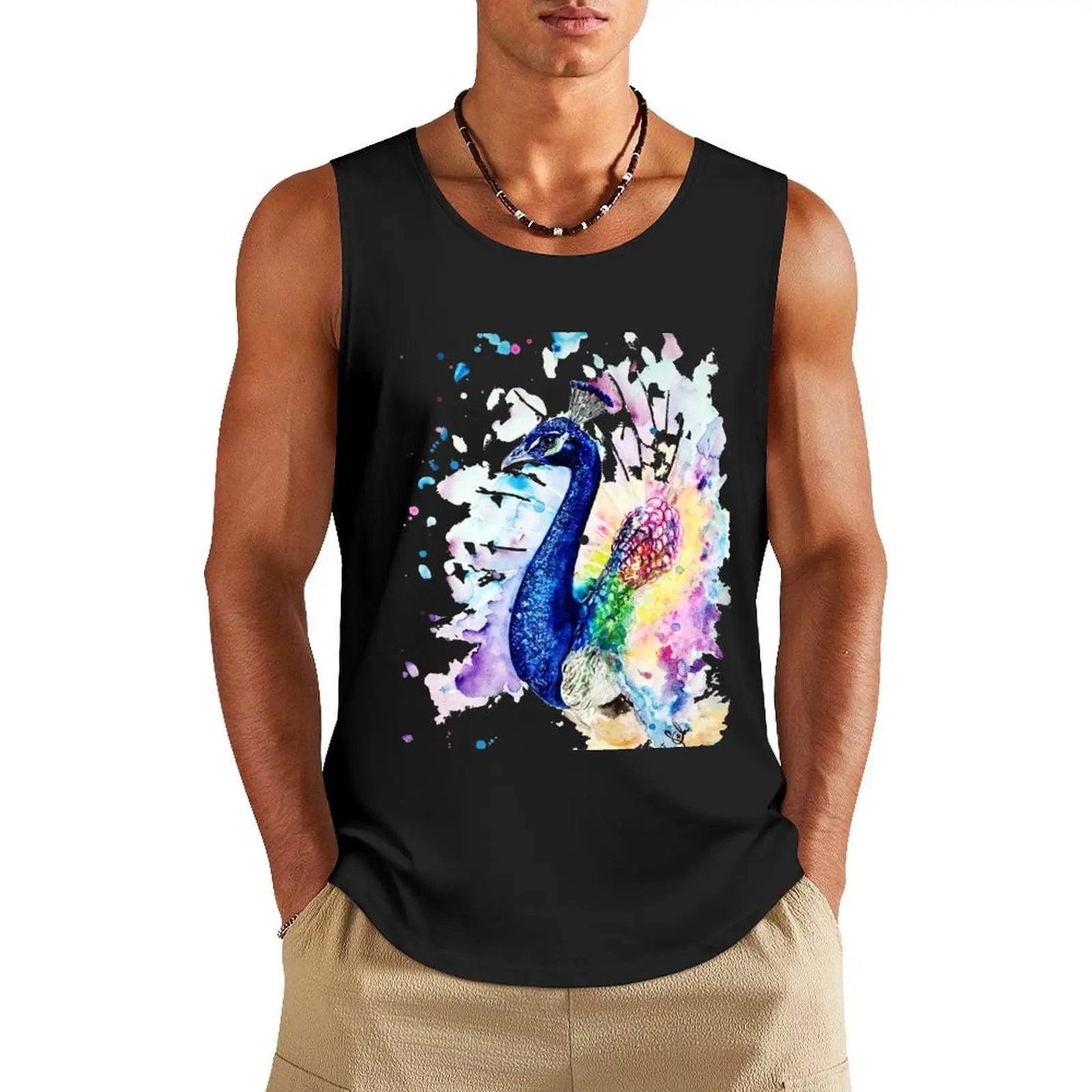 

colorful watercolor peacock Tank Top anime top men clothing sleeveless gym shirts male man vest