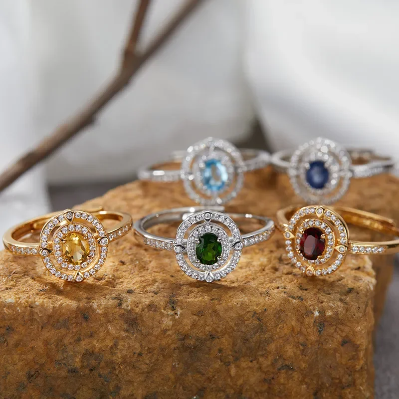 High sense light luxury S925 sterling silver plated 18K gold natural colored treasure ring index finger ring Ins niche