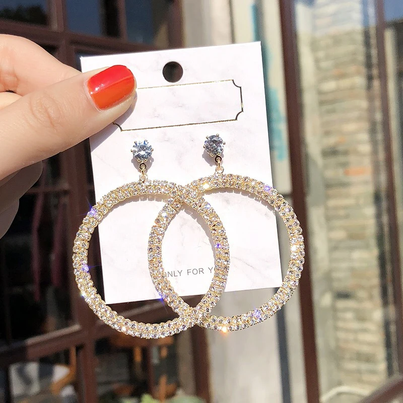 Luxury Crystal Rhinestone Long Tassel clip Earrings for Women Bridal Non Pierced Dangling circle Earrings Party Wedding Jewelry