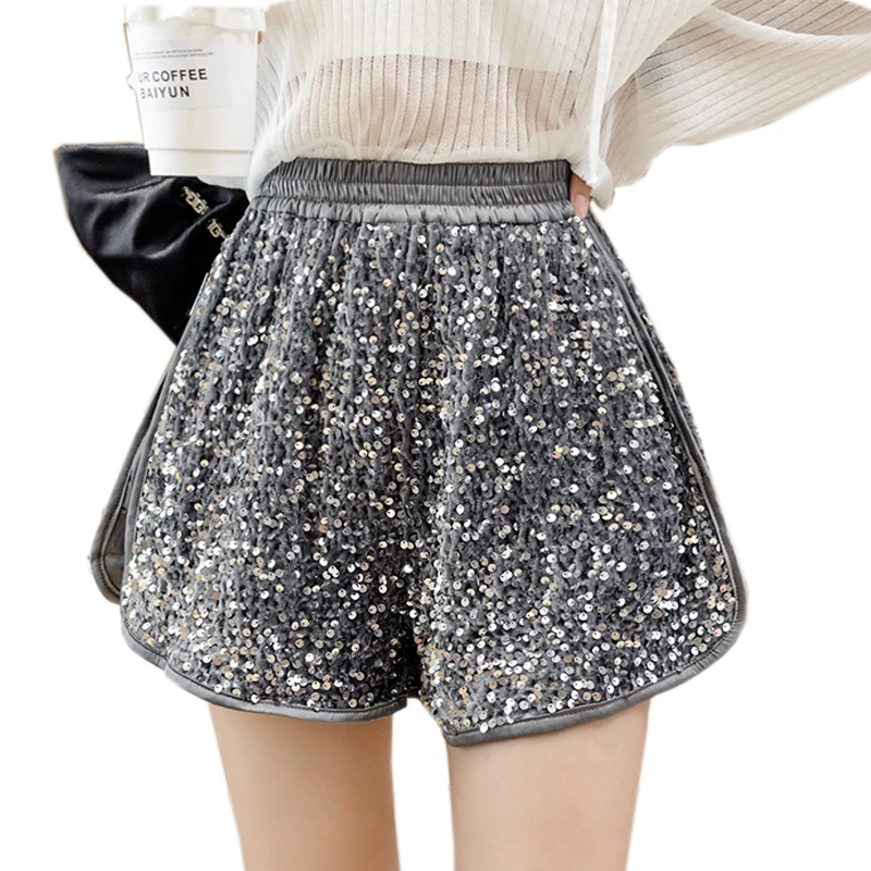 Ladies Korean Fashion High Wasited Sequins Splicing Shorts Women Casual Girls Cute Sexy Glittering Booty Shorts Female Outerwear