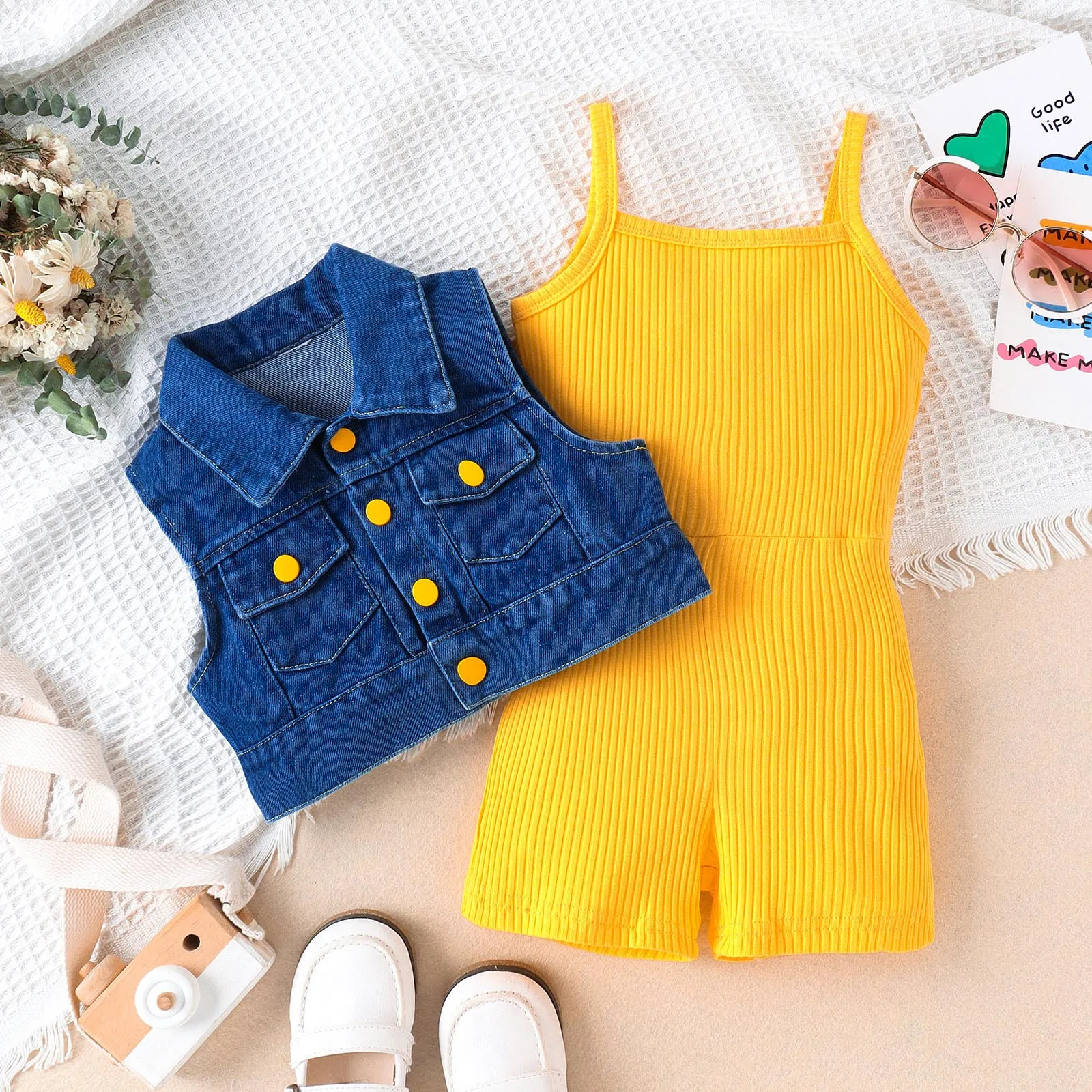 Children Fashion Clothes Sets For Girls 3-7 Years 2024 Summer Sleeveless Solid Rib Bodysuit +Lapel Denim Coat Two Piece Outfits