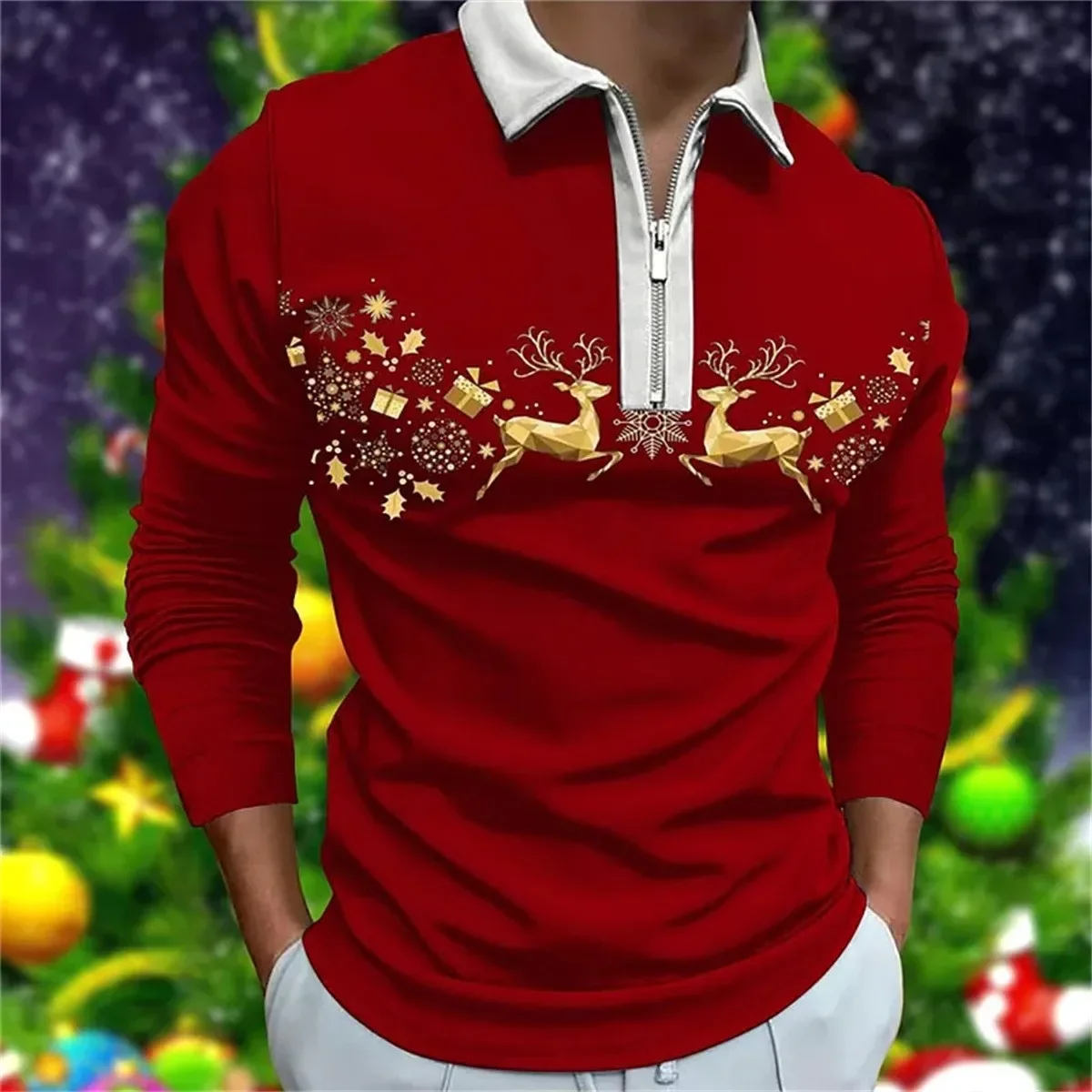 Autumn Winter New Men Clothes Long Sleeve Zipper Polo Shirt 3D Digital Print Christmas New Year Gift Clothes 100% Polyester