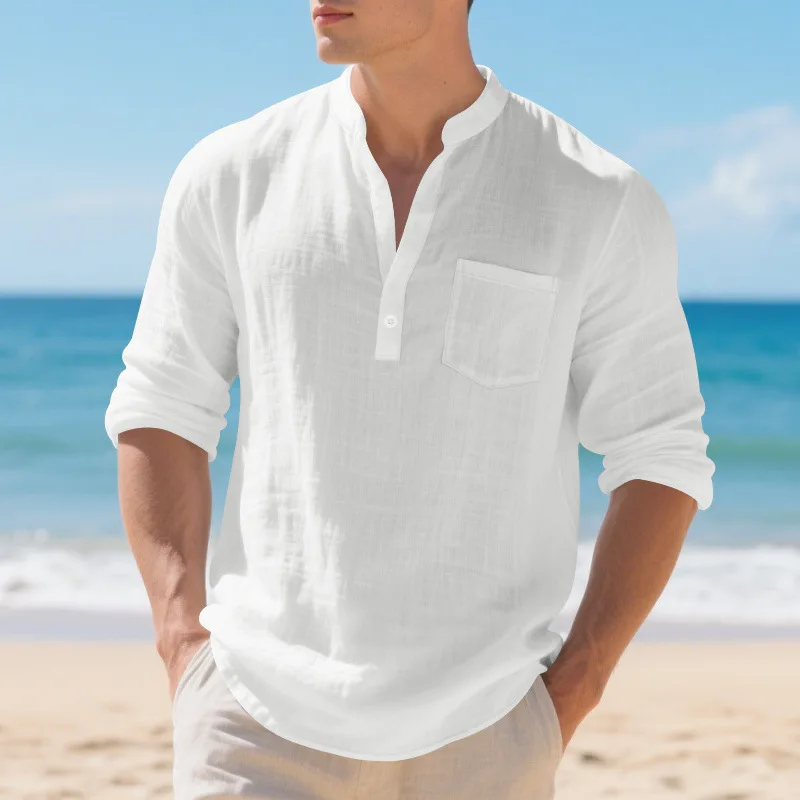 American New Product Spring and Autumn Hawaiian Linen Plus Size Men's Loose Henry V-neck Long-sleeved T-shirt