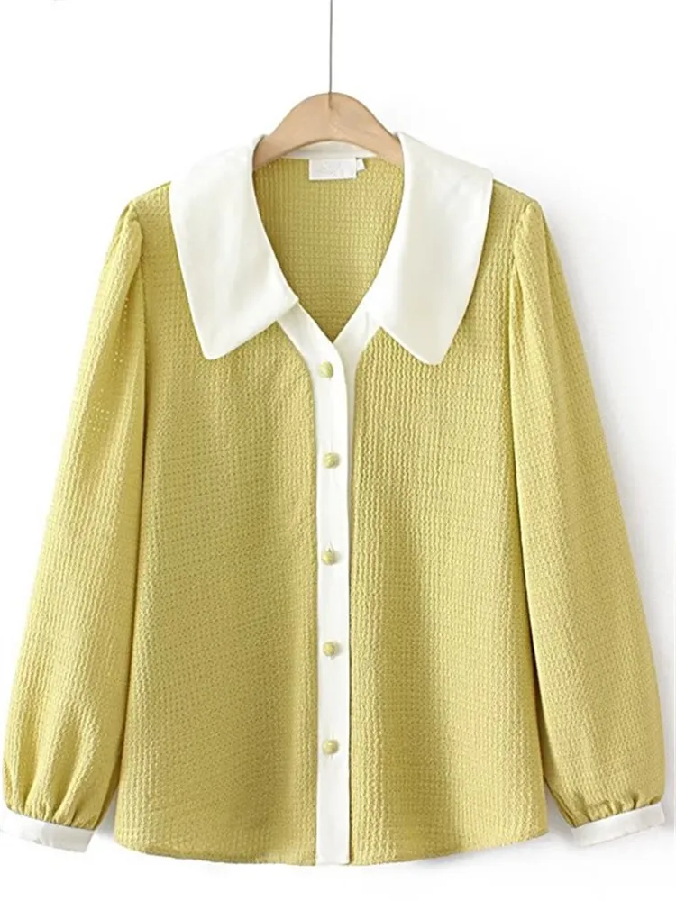 Plus Size Women's Clothing Long-Sleeved Shirt In Spring Autumn Wear Lapel Waffle Texture Woven Fabric Large Size Loose Shirt