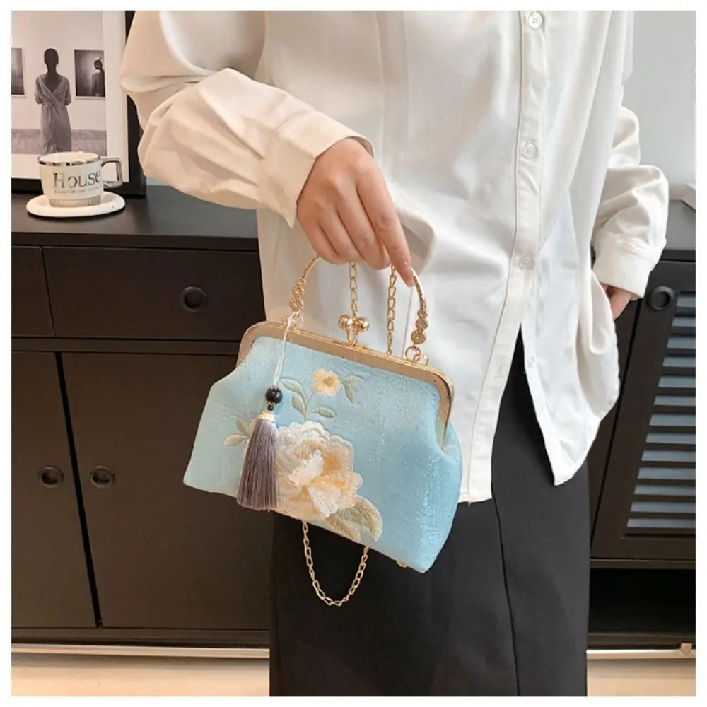 Chinese Style Handbag White Embroidered Peony Tassel Shoulder Bag Fashion Women\'s Bag