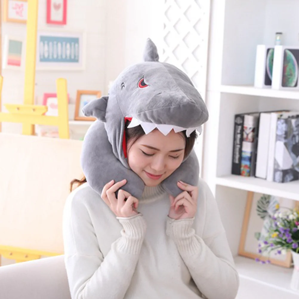 

Hooded Neck Pillow Large U-Shaped Travel Pillow For Car Airplane Train Neck Support Shark Hat Cartoon Headwear Funny