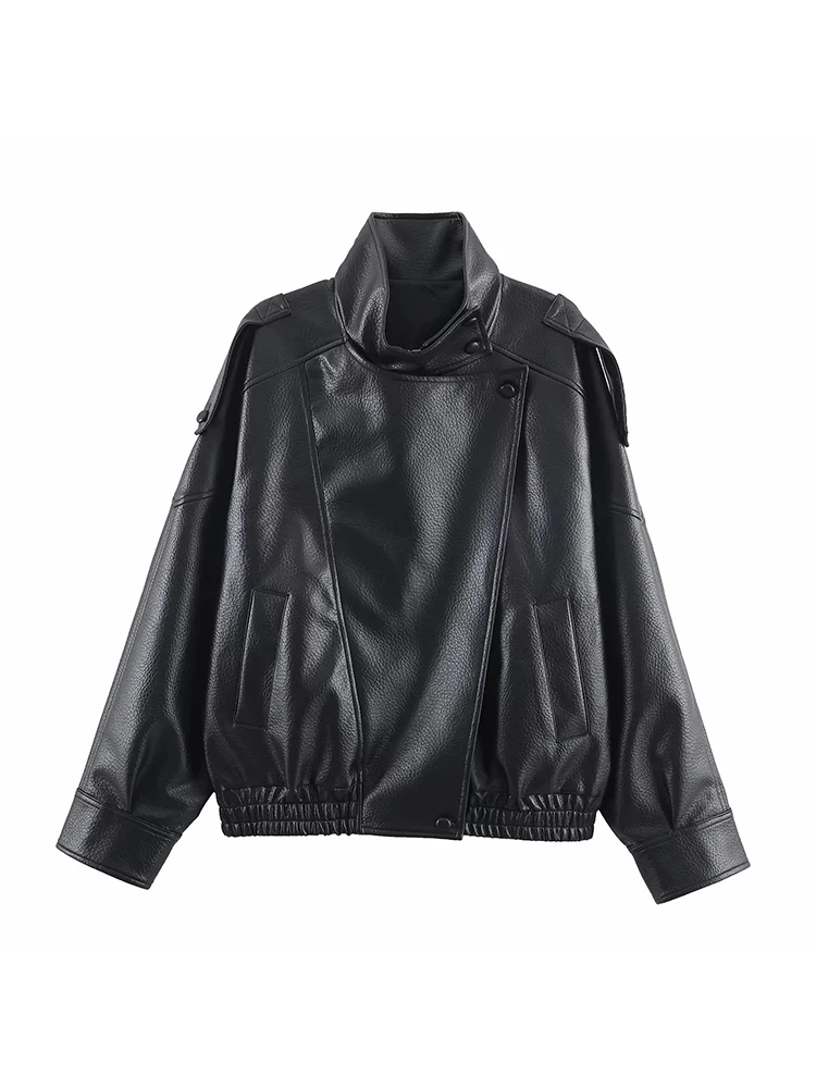 Jaqueta de Couro Sintético para Mulheres, Roupas Femininas, Nova Coleção de Primavera, Casacos Curtos com Zíper e Bolsos, Estilo Street Chic