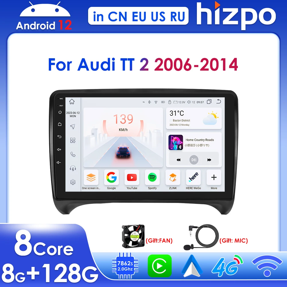 Hizpo 2din Carplay UIS7862 For AUDI TT MK2 8J 2006-2014 Android 12 Car Radio Multimedia Player GPS Navi BT Stereo RDS 4G DSP IPS