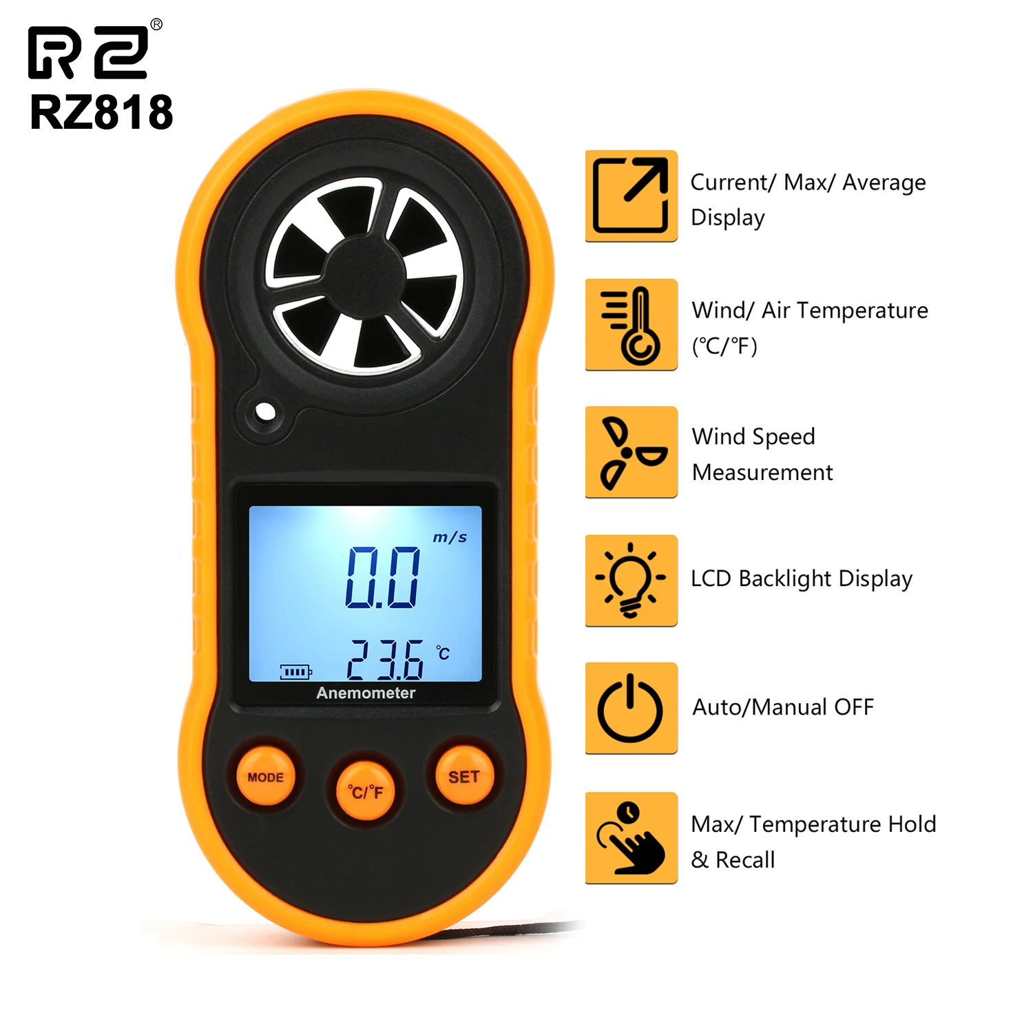 RZ Anemometer Portable Anemometro Thermometer Wind Speed Gauge Meter Windmeter Digital Hand-held Anemometer